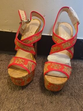 Jessica Simpson Neon Coral Floral Cork Platform Sandals